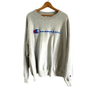 Champion Reverse Weave Gray Crewneck Sweatshirt Red Blue Logo Size XXL